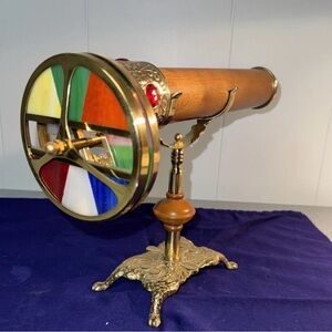 LARGE BRASS/WOOD DUAL WHEEL PARLOR KALEIDOSCOPE WITH STAND. 12 3/4"